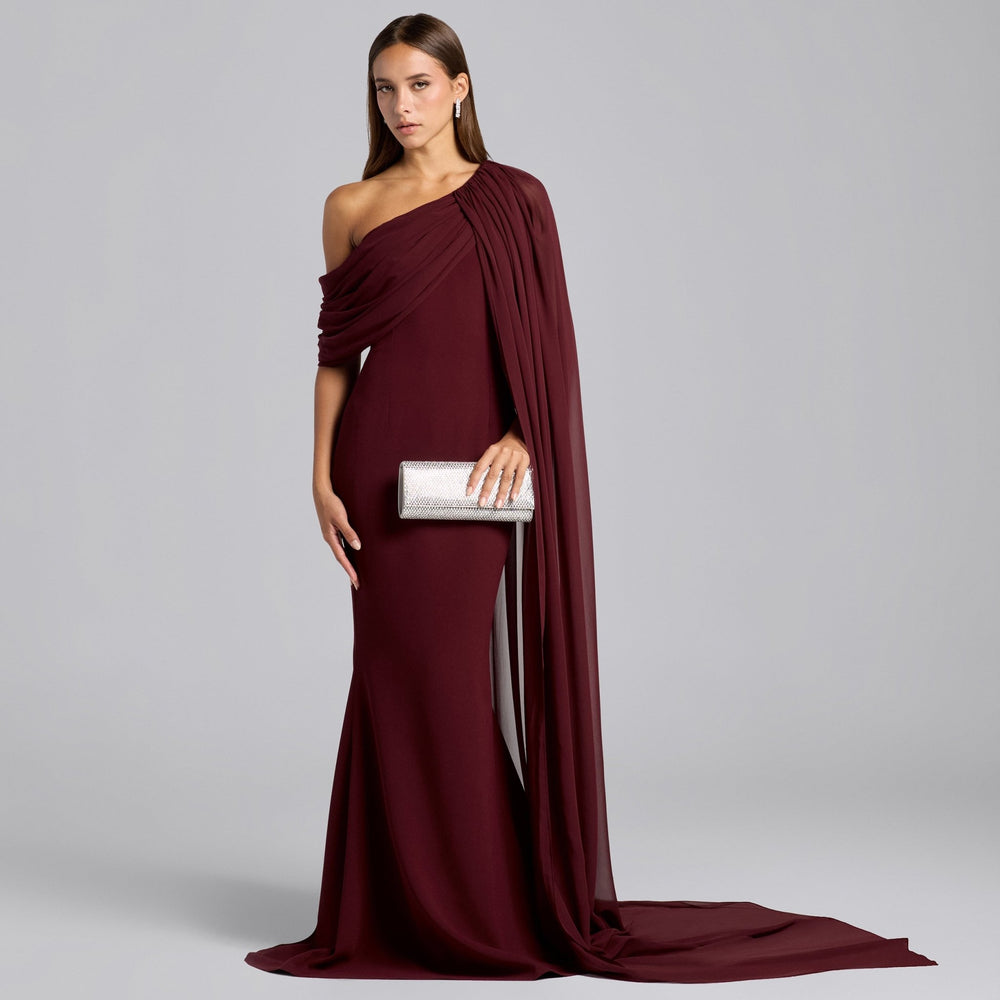 Burgundy One Shoulder Draped Cape Maxi Dress – shopaleena Burgundy One Shoulder Draped Cape Maxi Dress – shopaleena