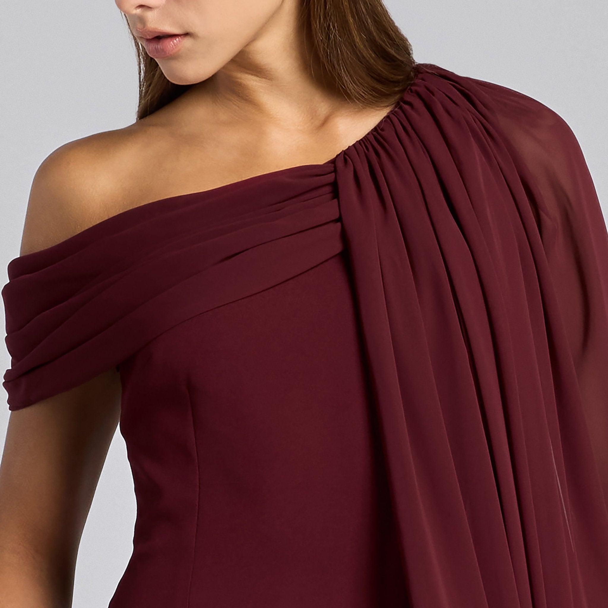 Red One Shoulder Draped Cape Maxi Dress - shopaleena