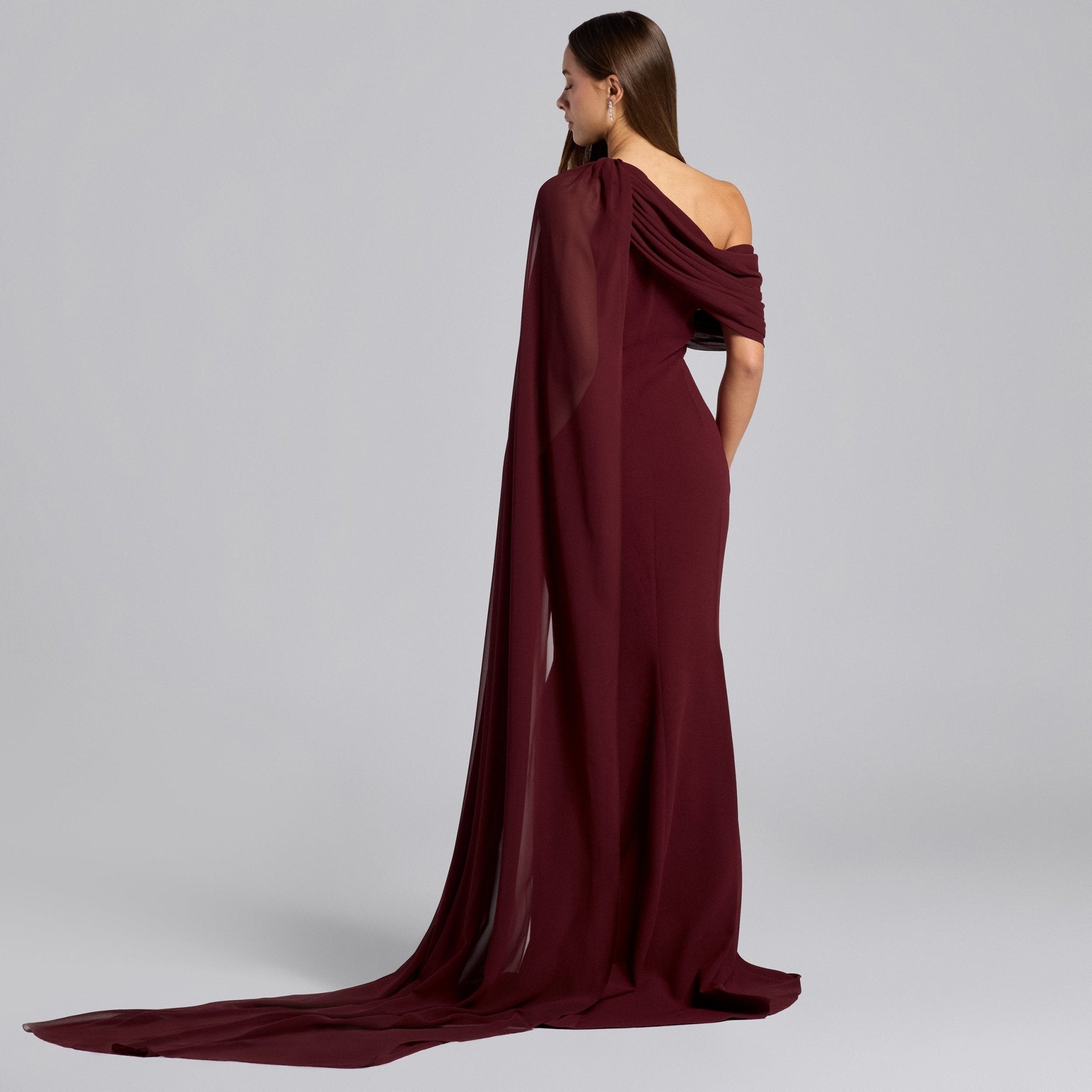 Red One Shoulder Draped Cape Maxi Dress - shopaleena