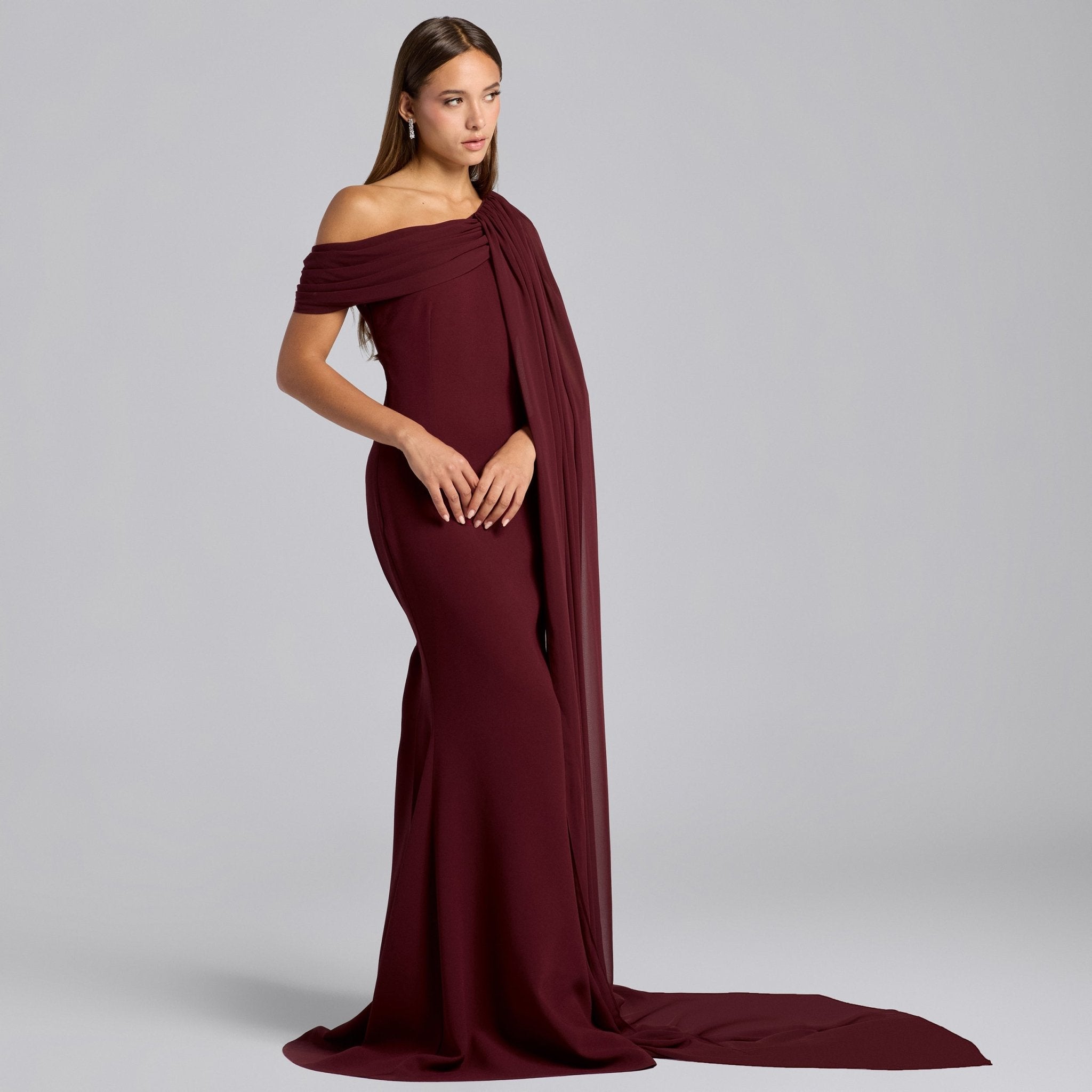 Red One Shoulder Draped Cape Maxi Dress - shopaleena