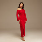 Red Open Shoulder Maxi Crepe Dress - shopaleena