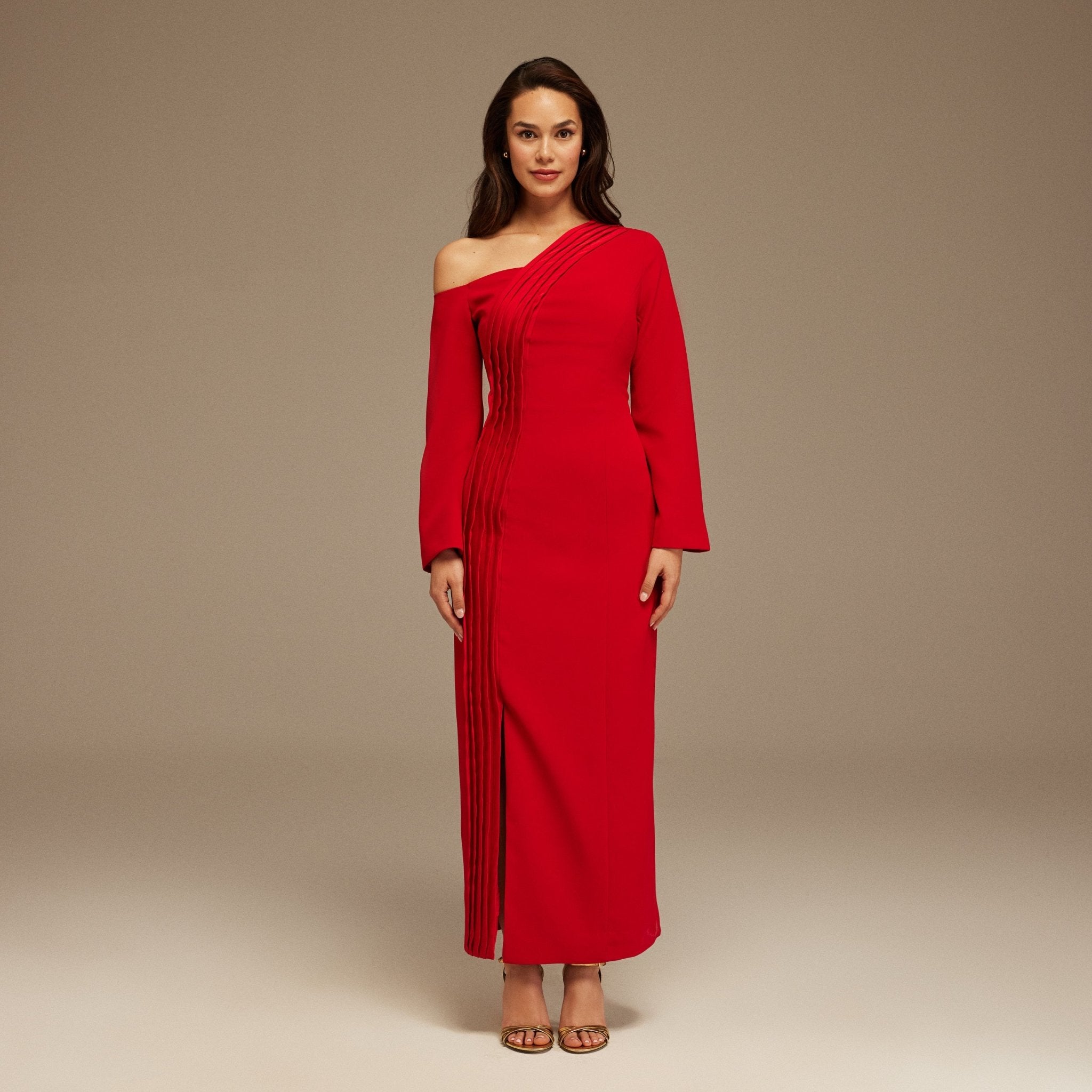 Red Open Shoulder Maxi Crepe Dress - shopaleena