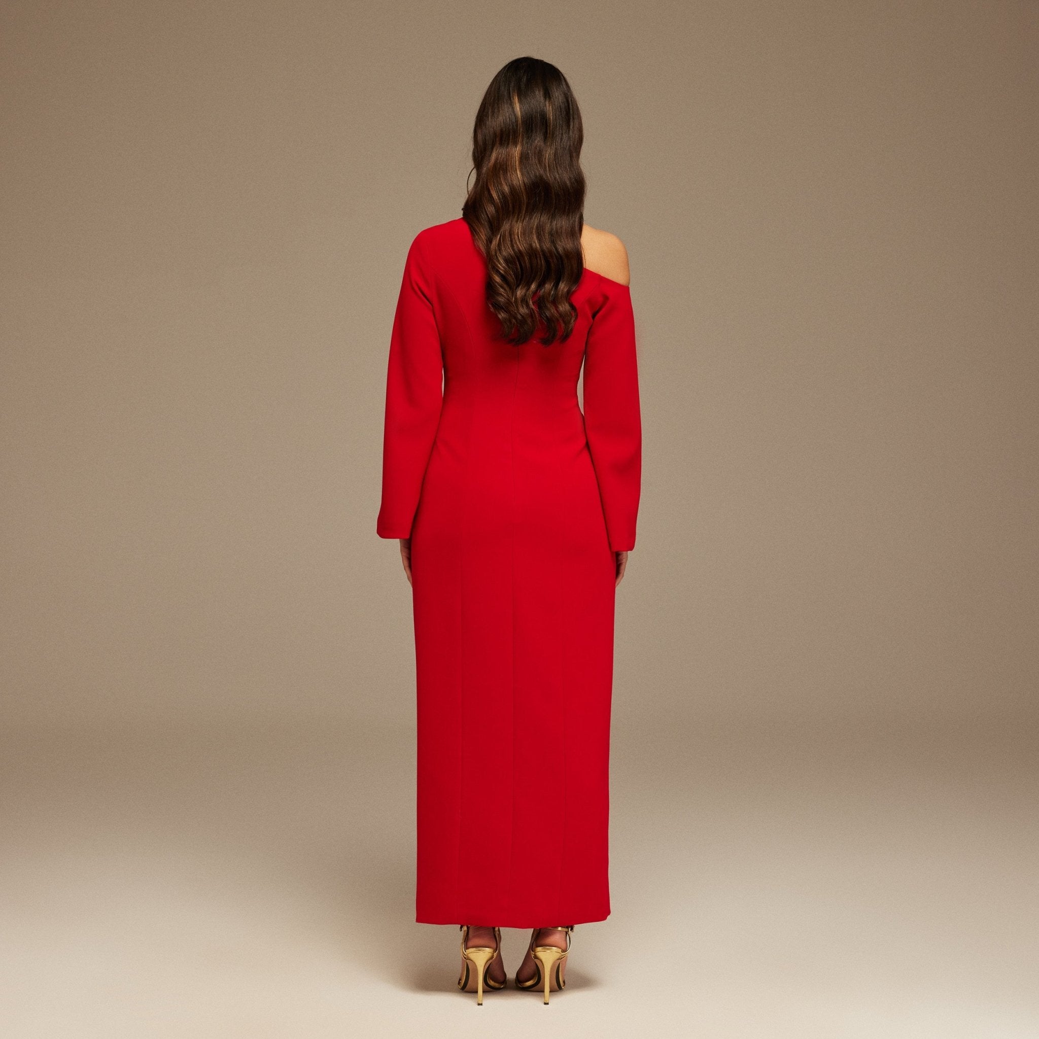 Red Open Shoulder Maxi Crepe Dress - shopaleena