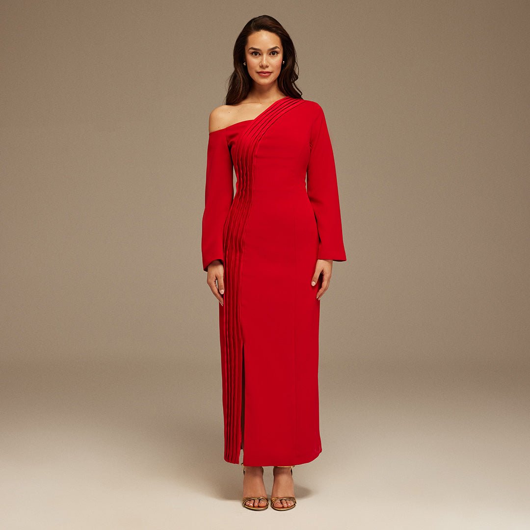 Red Open Shoulder Maxi Crepe Dress - shopaleena