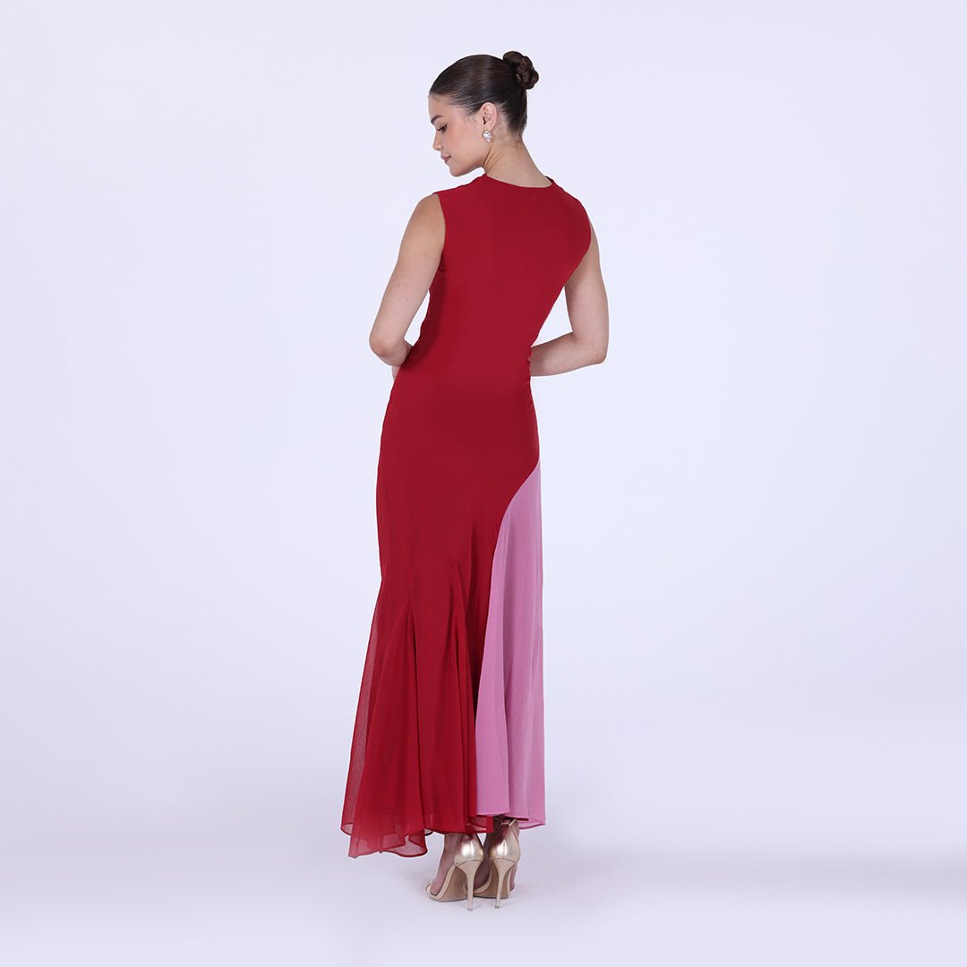 Red & Pink Two Tone High Neck Chiffon Maxi Dress - shopaleena