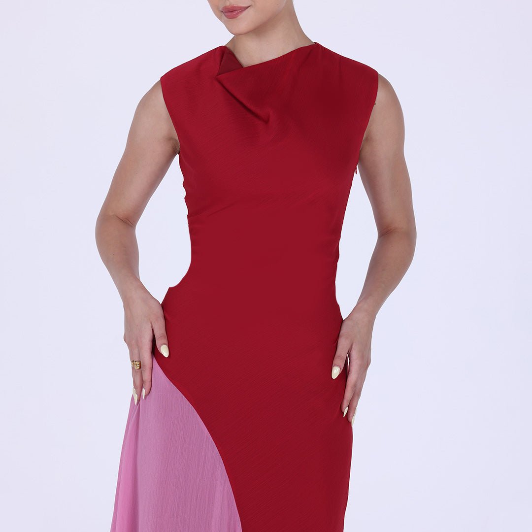 Red & Pink Two Tone High Neck Chiffon Maxi Dress - shopaleena