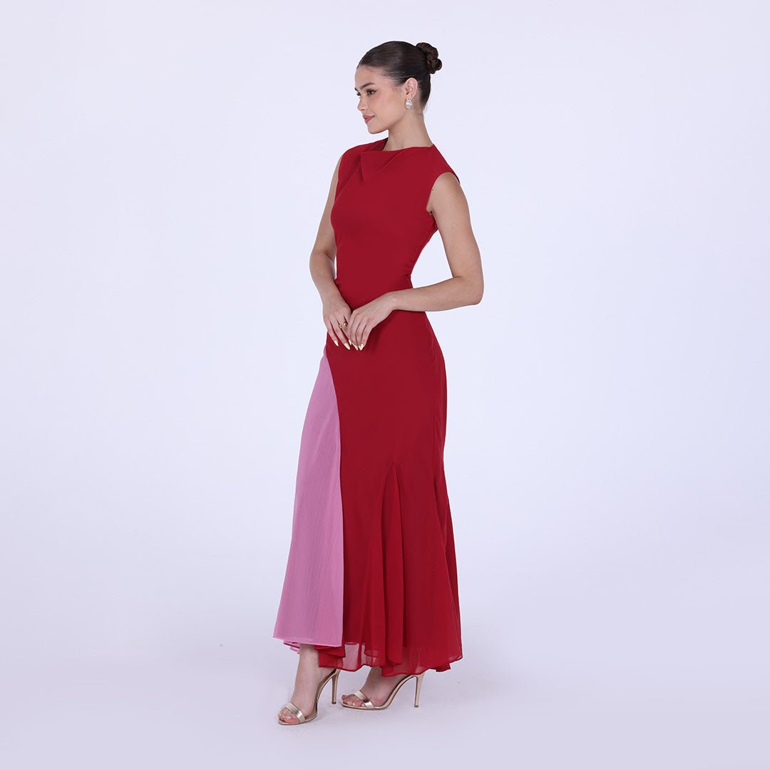 Red & Pink Two Tone High Neck Chiffon Maxi Dress - shopaleena