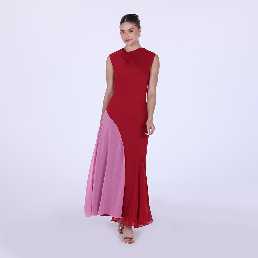 Red & Pink Two Tone High Neck Chiffon Maxi Dress - shopaleena