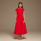 Red Short Sleeve Balloon Midi Dress - shopaleena