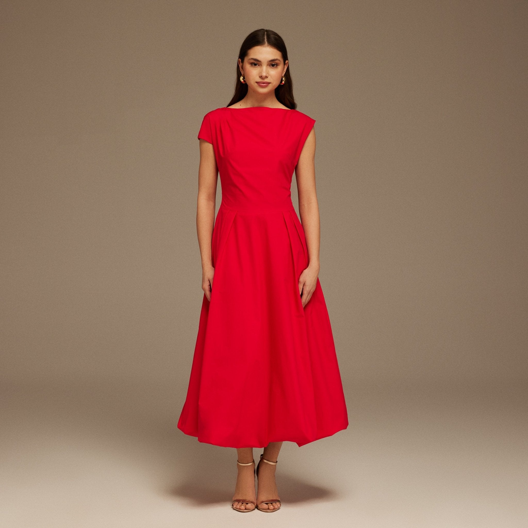 Red Short Sleeve Balloon Midi Dress - shopaleena