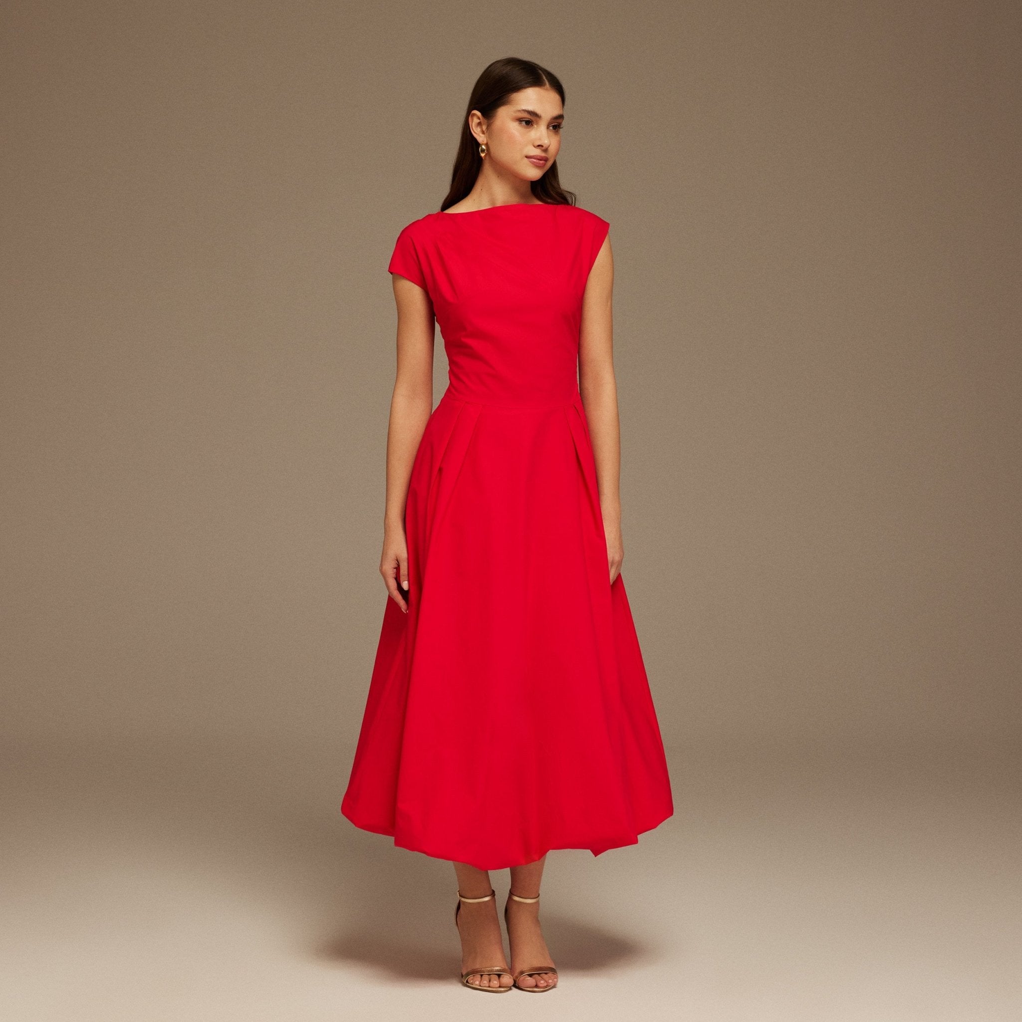 Red Short Sleeve Balloon Midi Dress - shopaleena