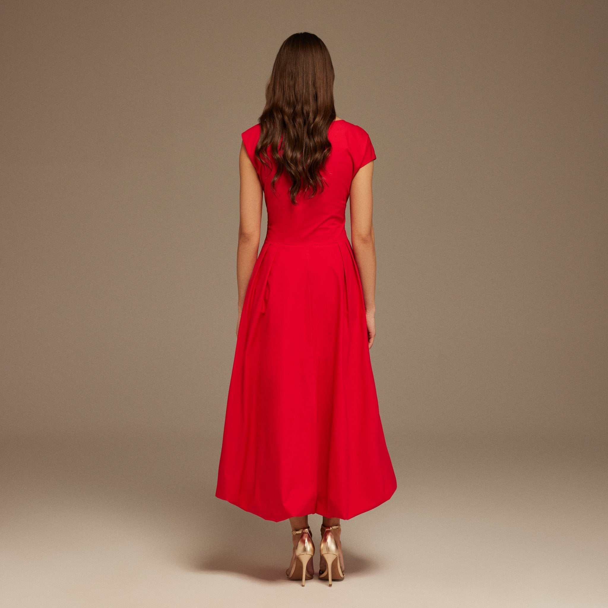 Red Short Sleeve Balloon Midi Dress