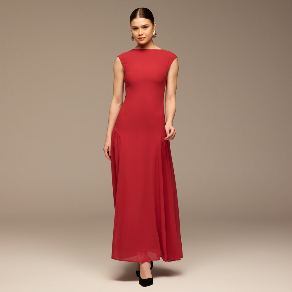 Red Sleeveless Boat Neck Chiffon Dress - shopaleena