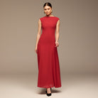 Red Sleeveless Boat Neck Chiffon Dress - shopaleena