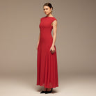 Red Sleeveless Boat Neck Chiffon Dress - shopaleena