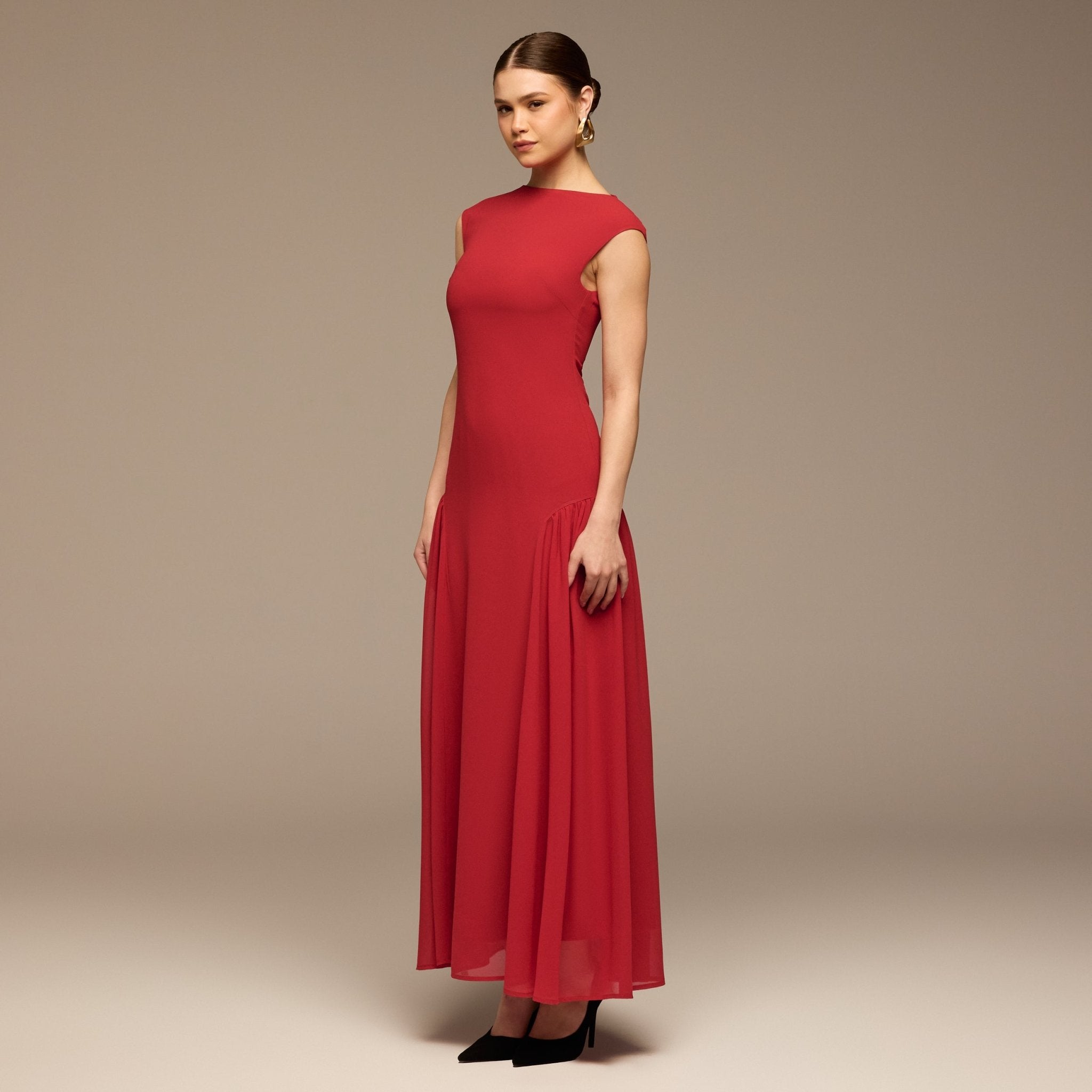 Red Sleeveless Boat Neck Chiffon Dress - shopaleena