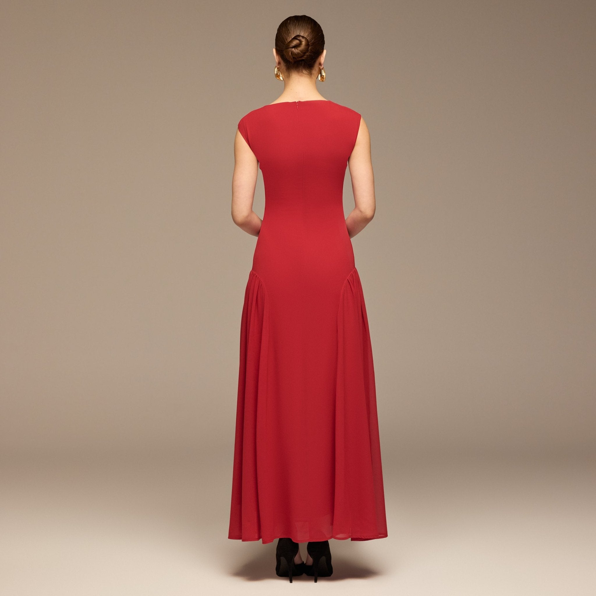 Red Sleeveless Boat Neck Chiffon Dress - shopaleena