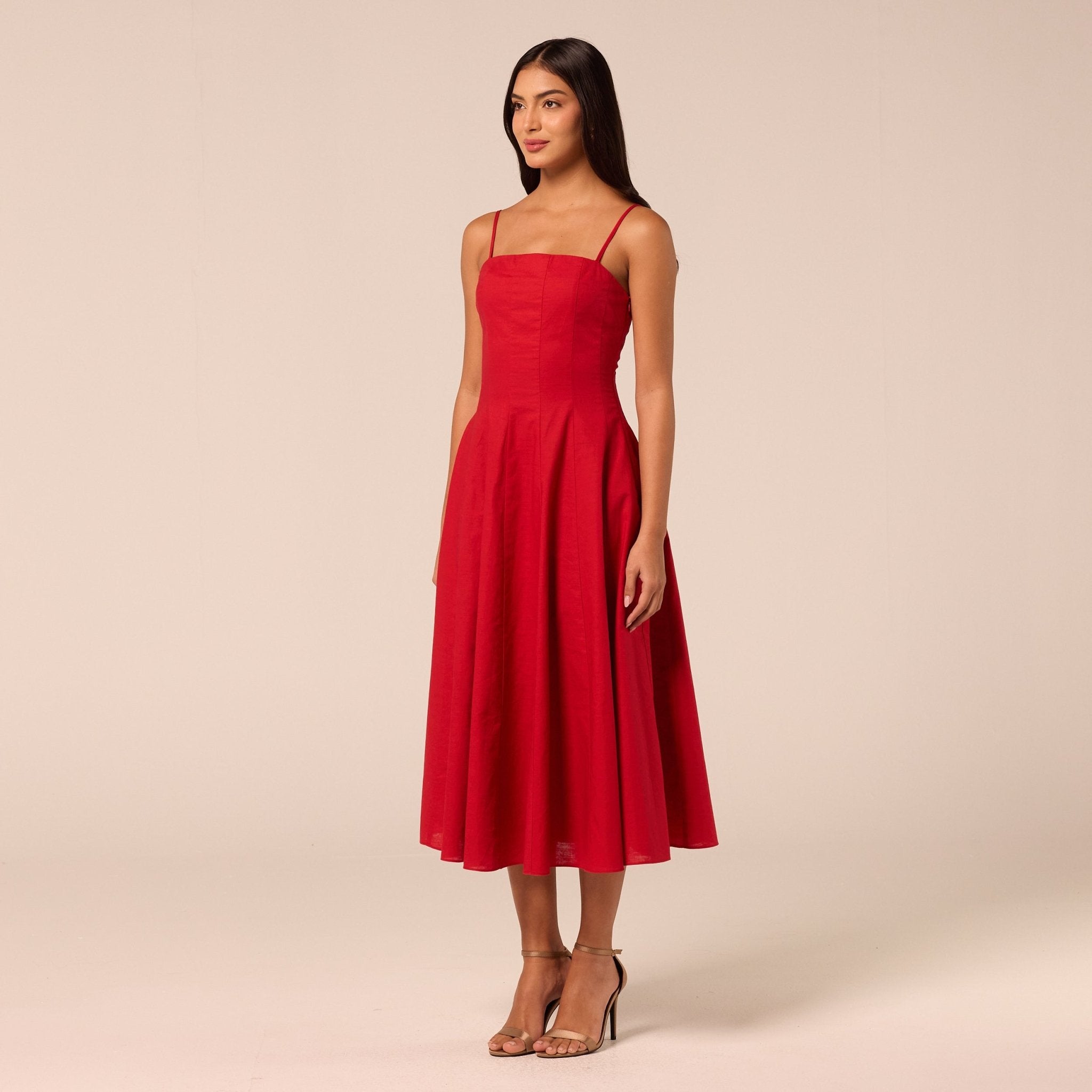 Red Spaghetti Strap A Line Midi Dress - shopaleena