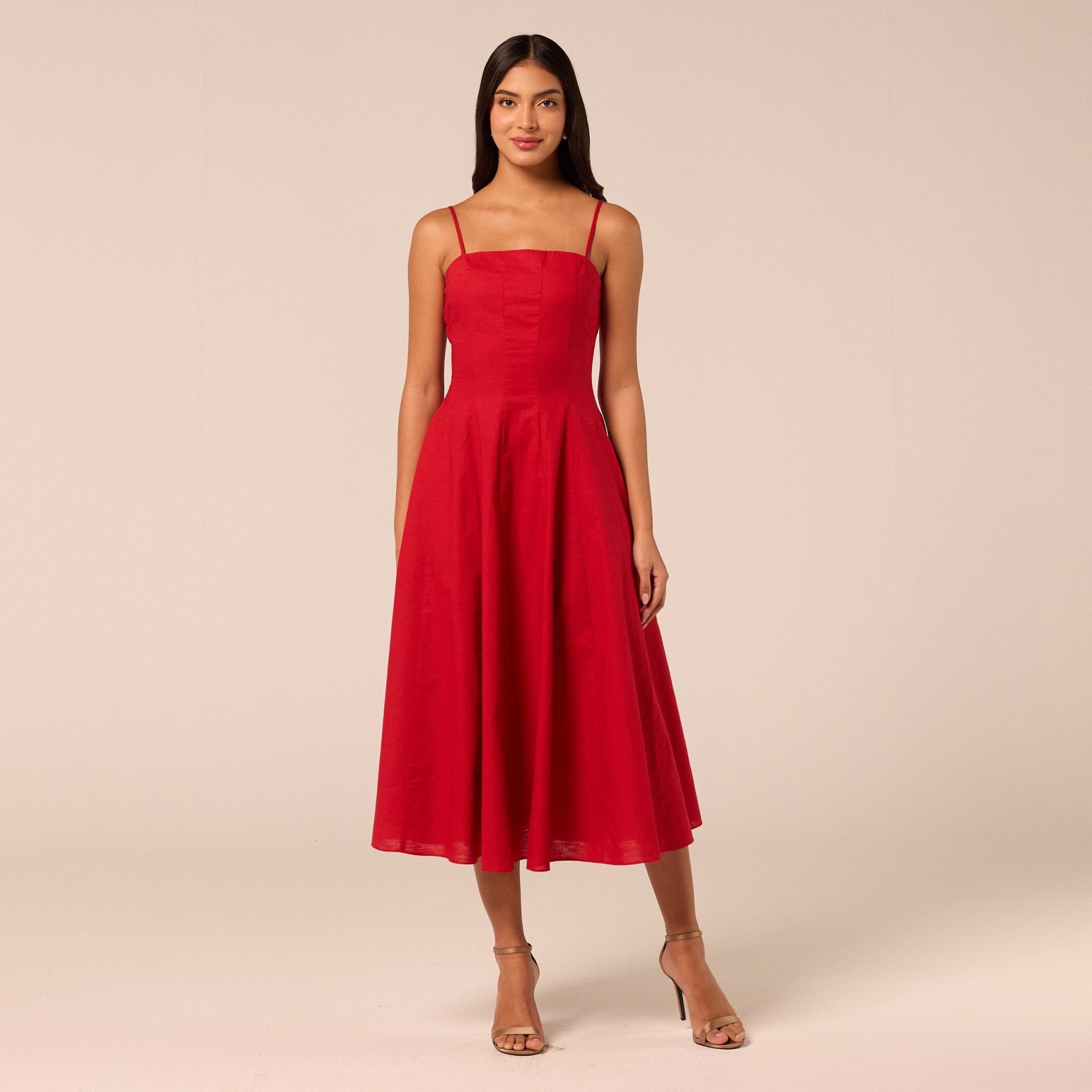 Red Spaghetti Strap A Line Midi Dress - shopaleena