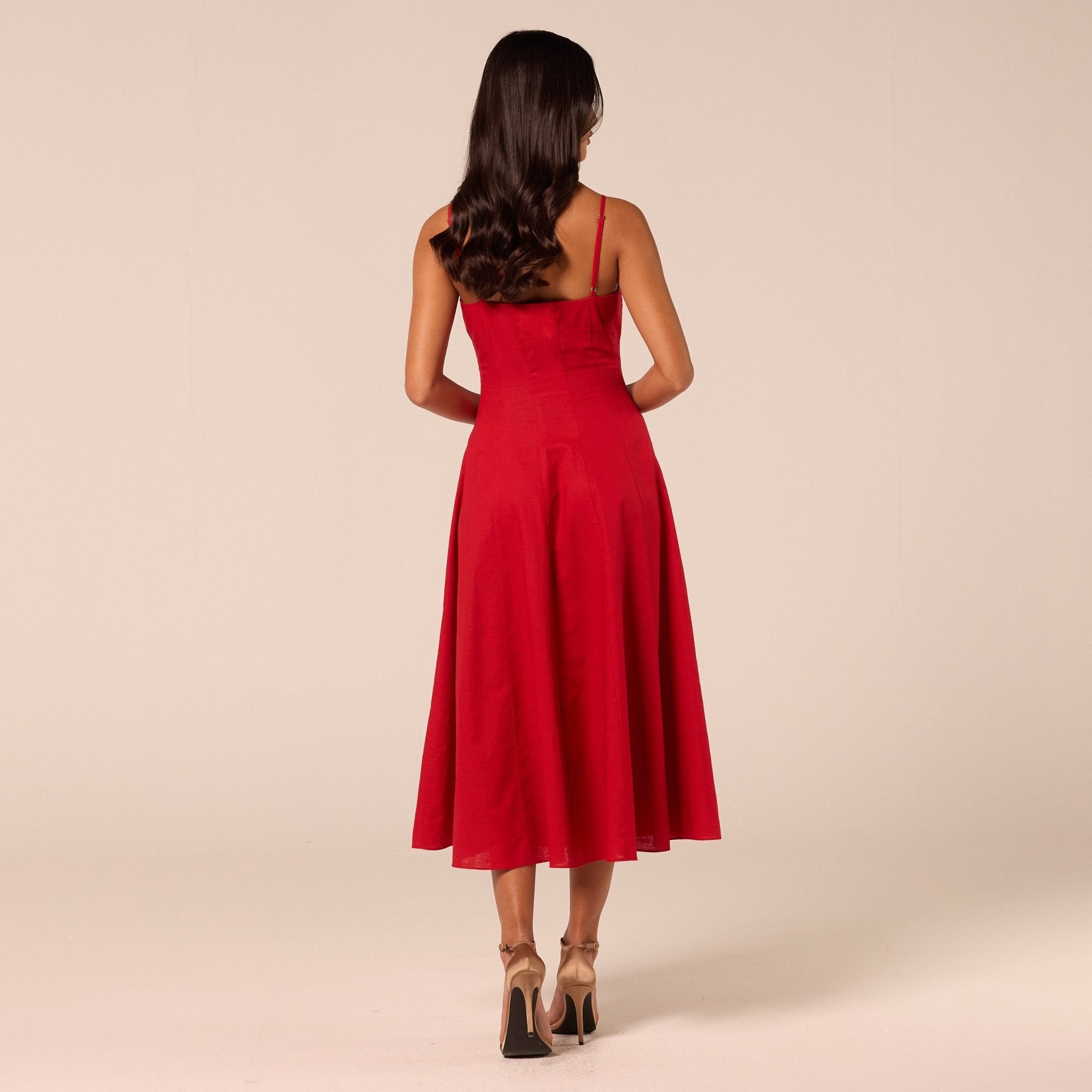 Red Spaghetti Strap A Line Midi Dress - shopaleena