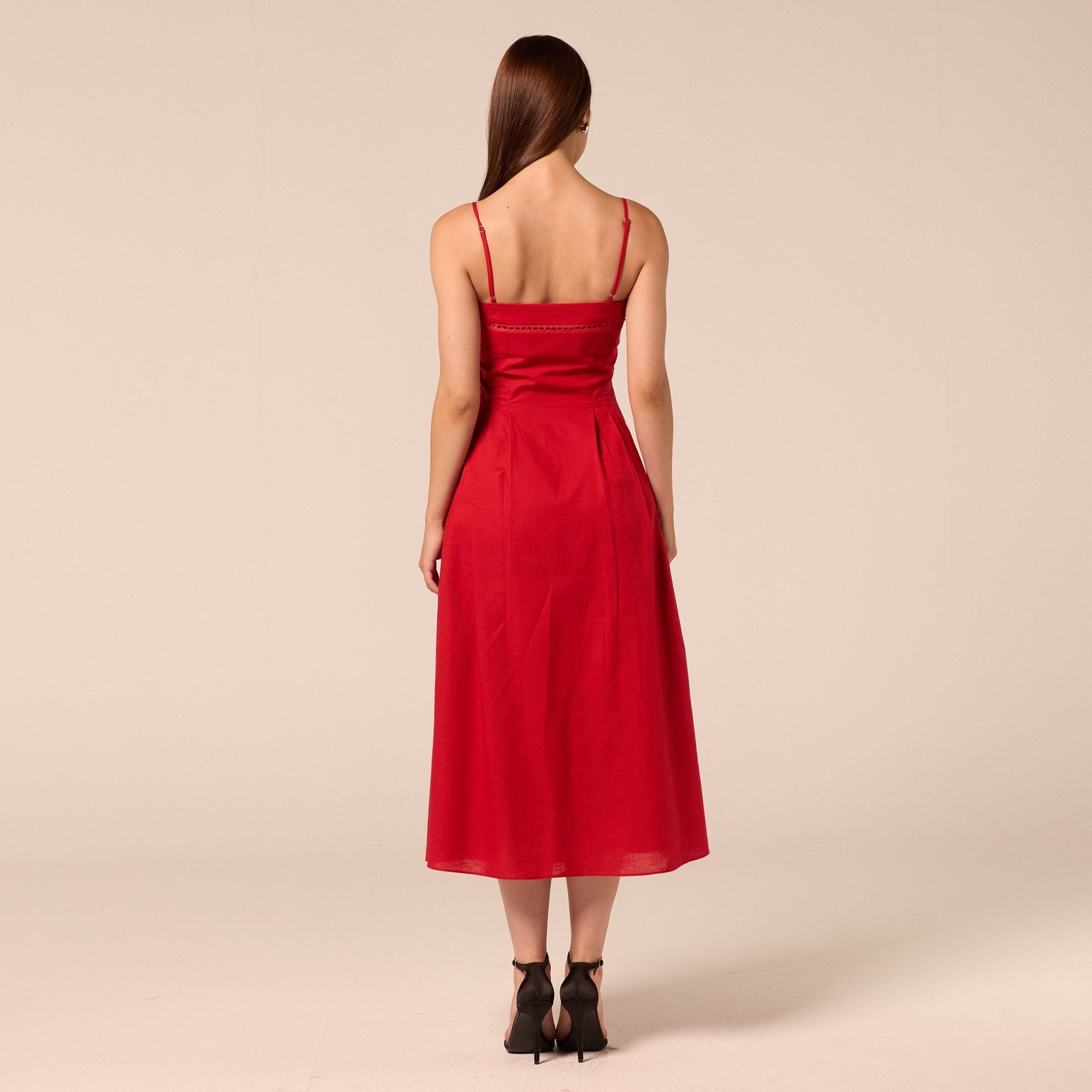 Red Spaghetti Strap Cutwork Midi Dress - shopaleena