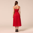 Red Spaghetti Strap Cutwork Midi Dress - shopaleena