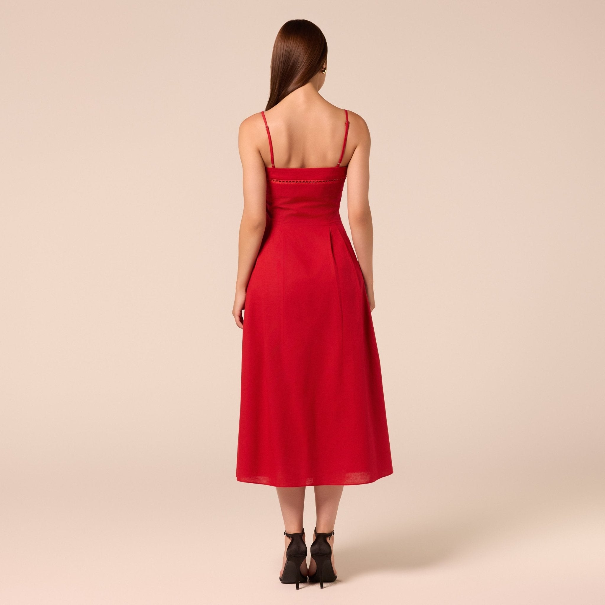 Red Spaghetti Strap Cutwork Midi Dress - shopaleena