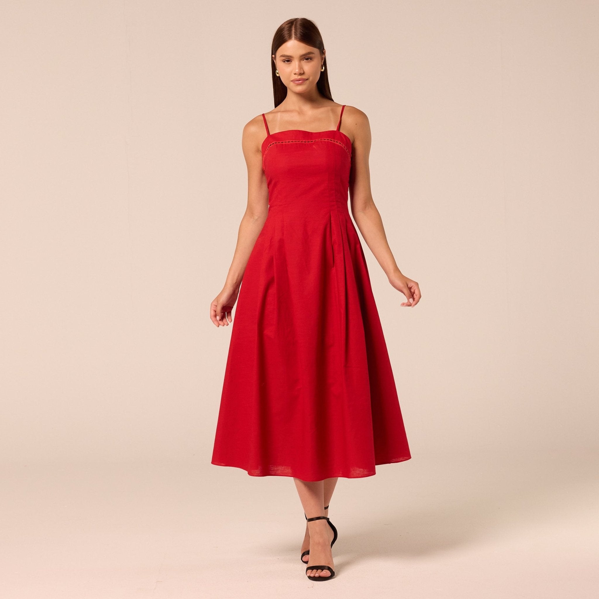 Red Spaghetti Strap Cutwork Midi Dress - shopaleena