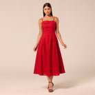Red Spaghetti Strap Cutwork Midi Dress - shopaleena