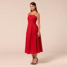 Red Spaghetti Strap Cutwork Midi Dress - shopaleena