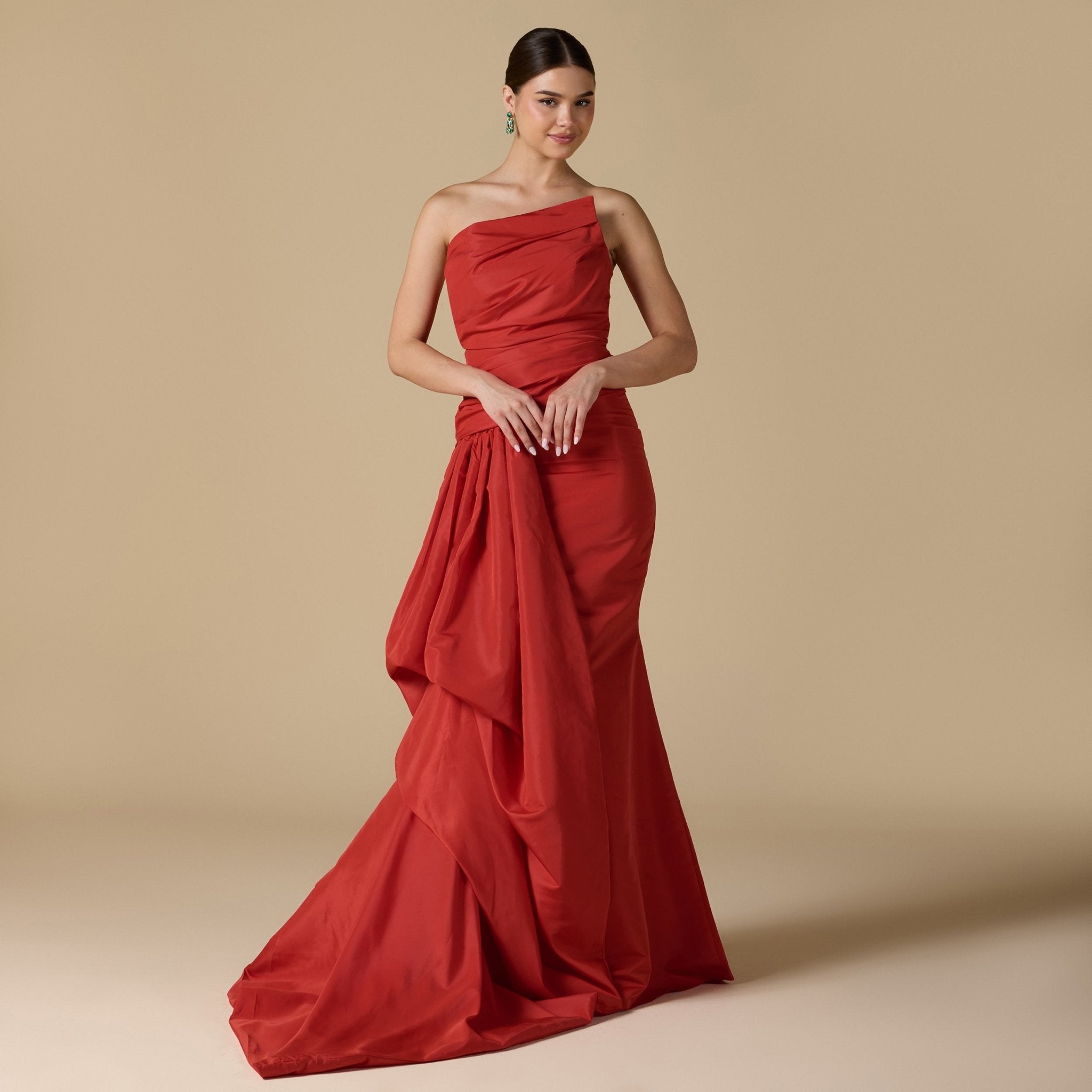 Red Taffeta Gown with Voluminous Side - shopaleena