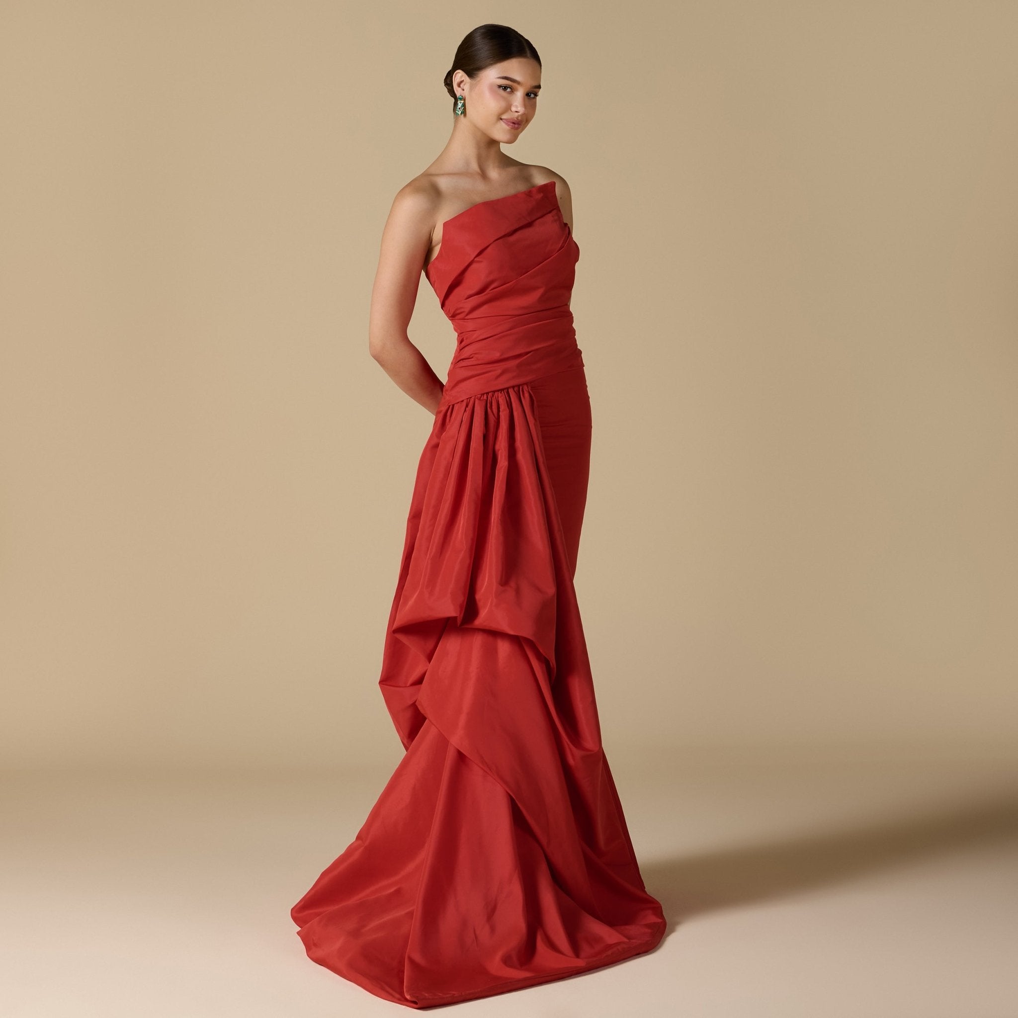 Red Taffeta Gown with Voluminous Side - shopaleena