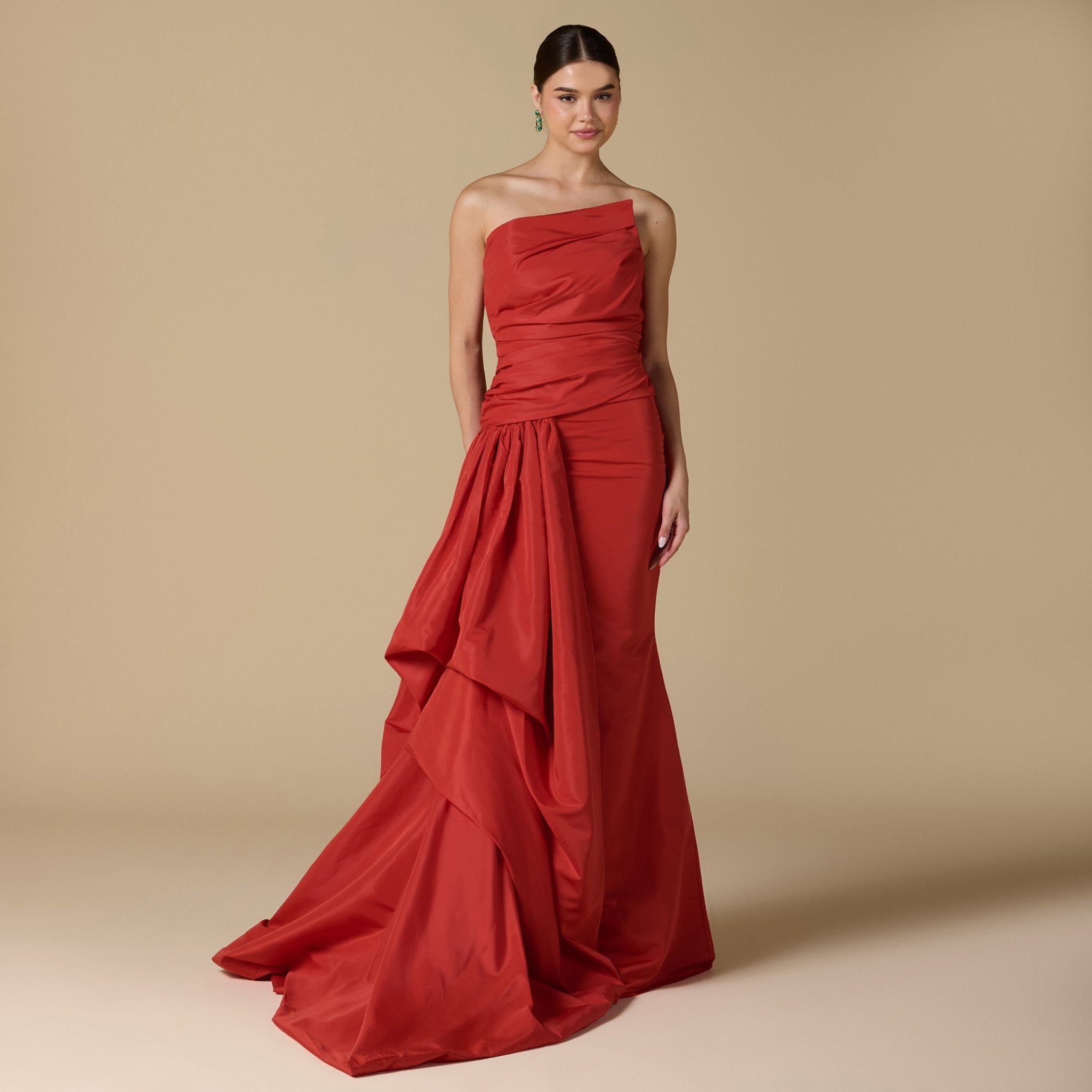 Red Taffeta Gown with Voluminous Side - shopaleena