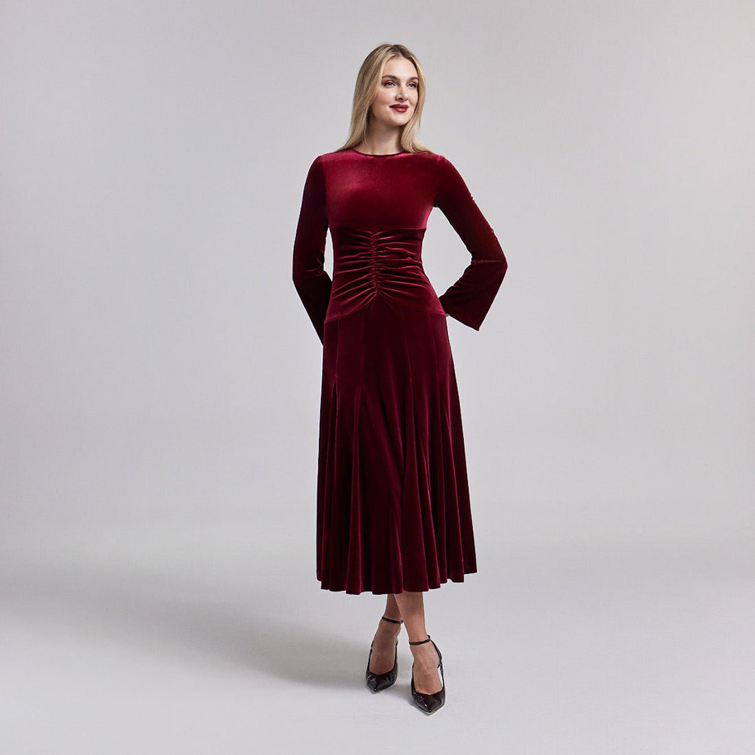 Red Velvet Gathered Waist Maxi Dress - shopaleena