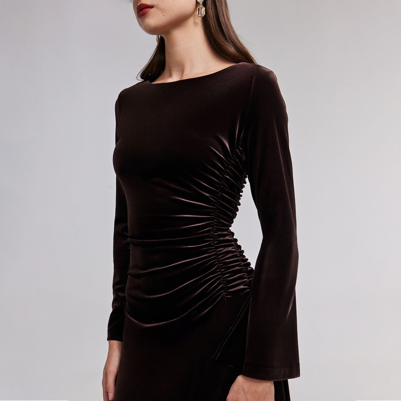 Ruched Velvet Long Sleeve Midi Dress - shopaleena