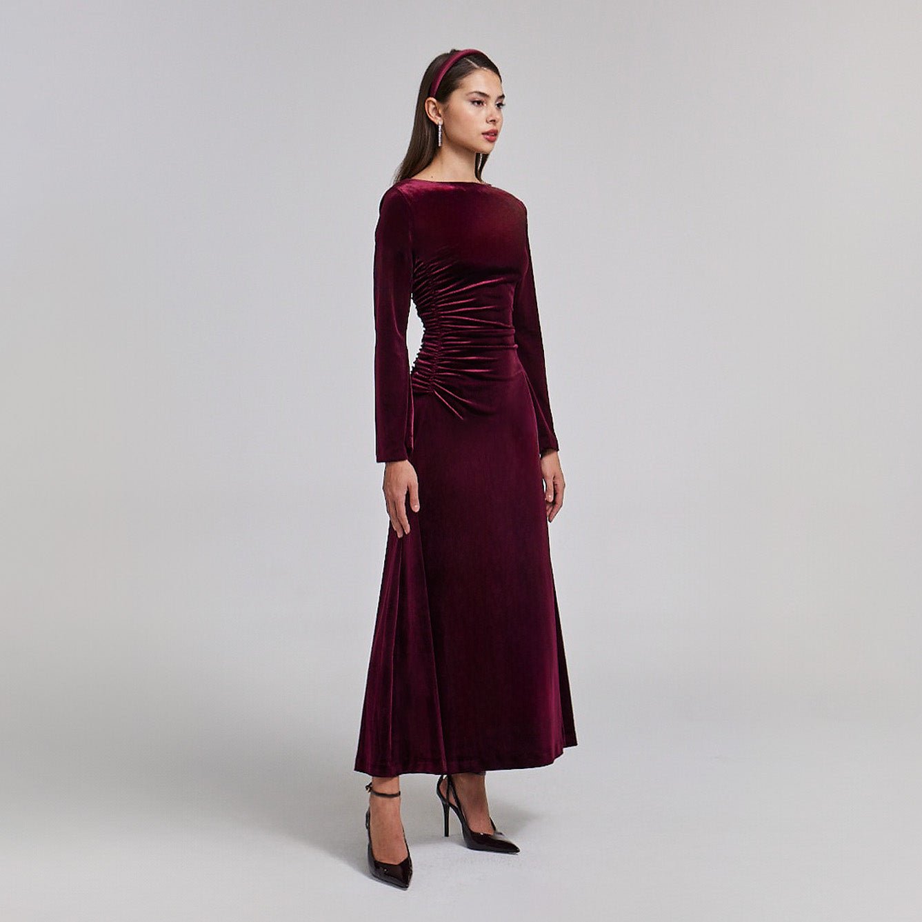 Ruched Velvet Long Sleeve Midi Dress - shopaleena