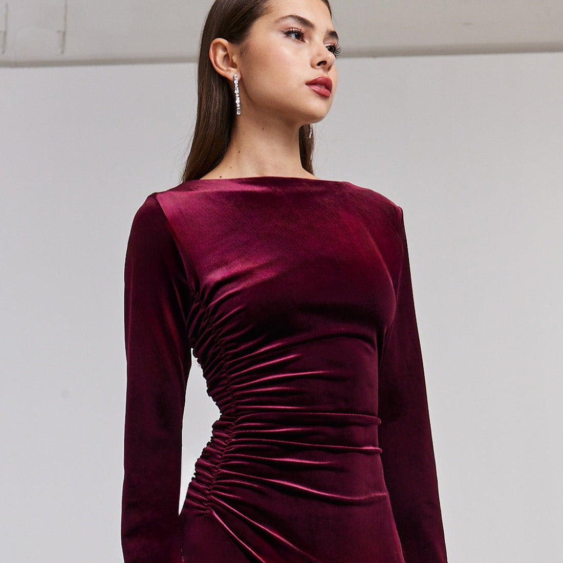 Ruched Velvet Long Sleeve Midi Dress - shopaleena