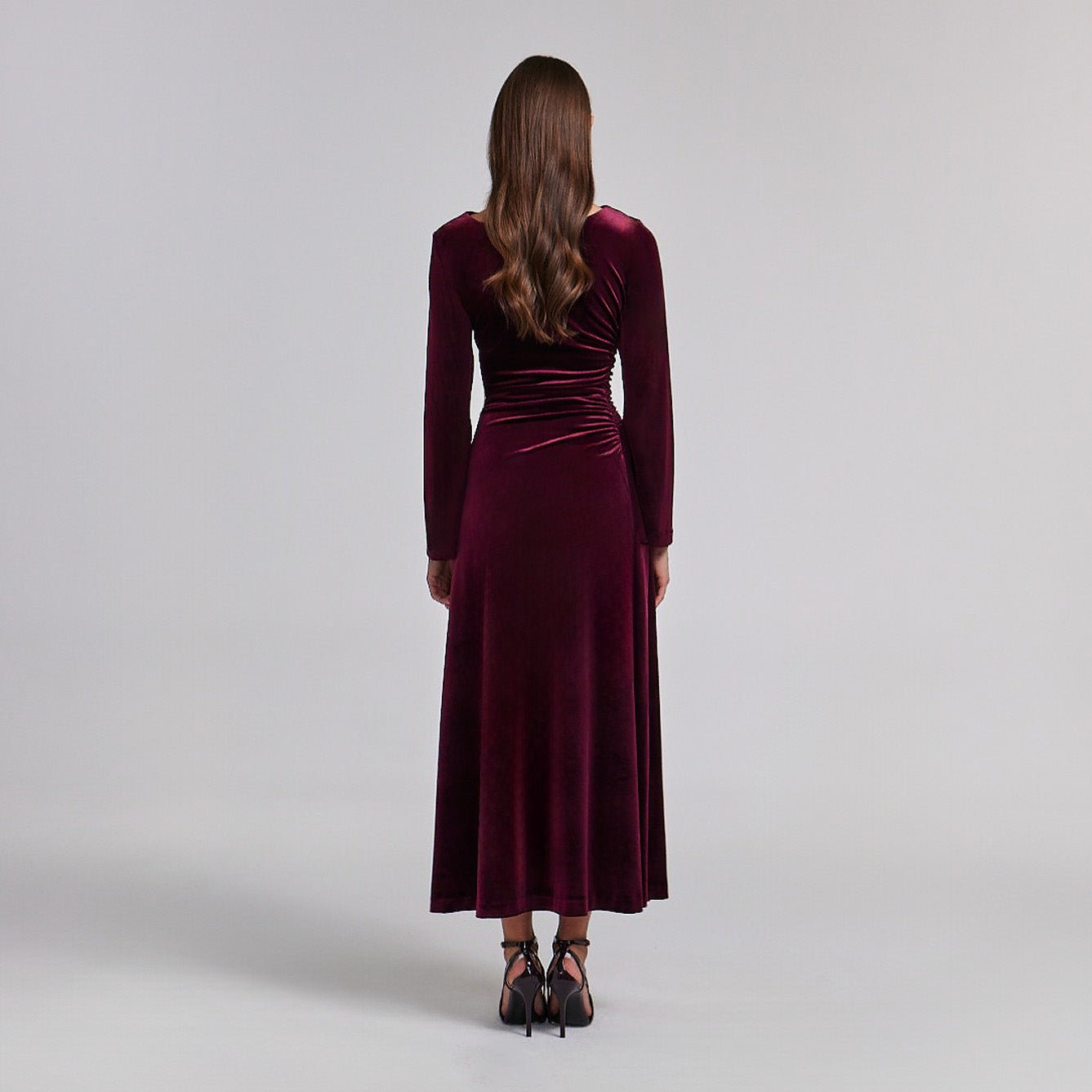 Ruched Velvet Long Sleeve Midi Dress - shopaleena