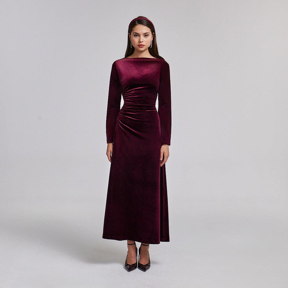 Ruched Velvet Long Sleeve Midi Dress - shopaleena