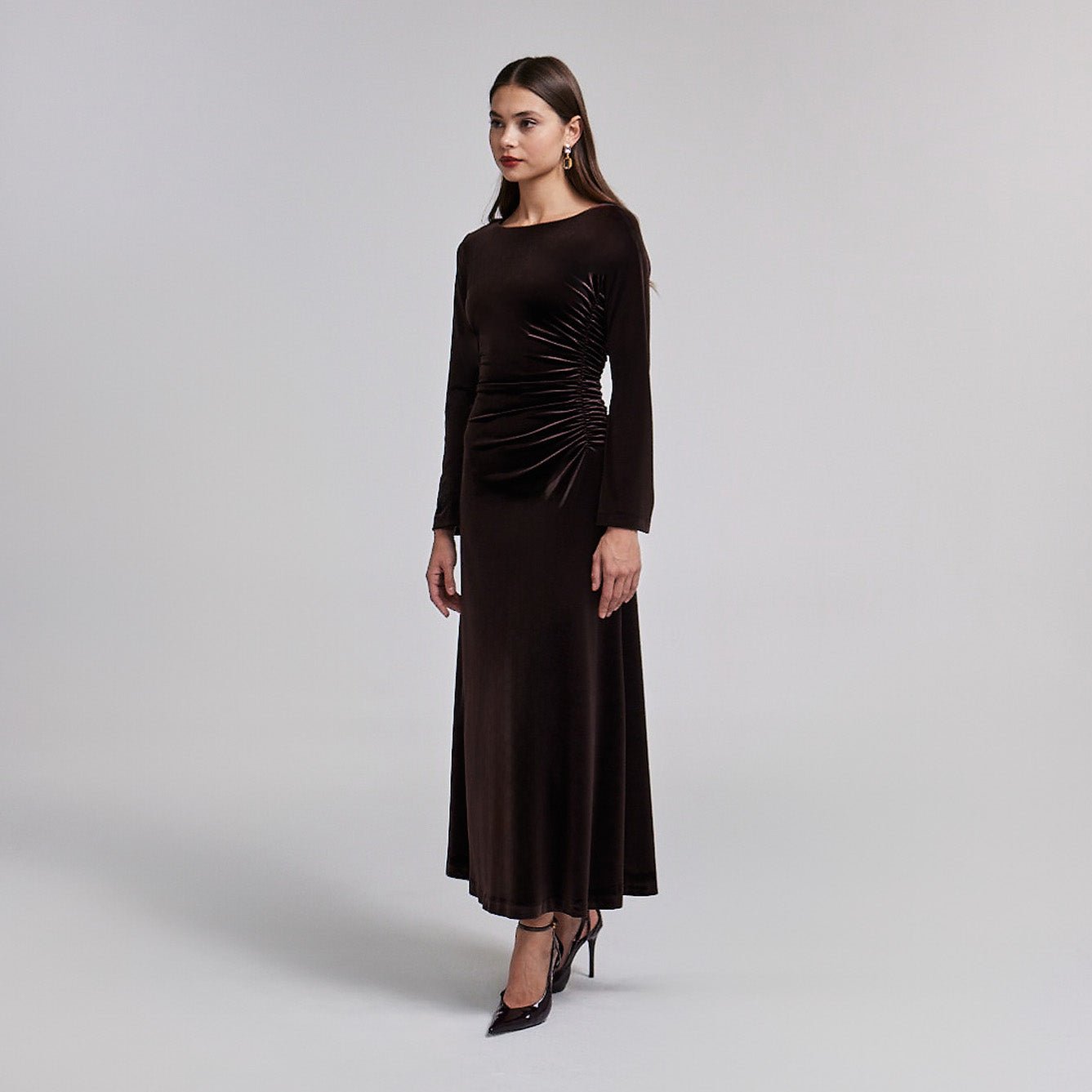 Ruched Velvet Long Sleeve Midi Dress shopaleena Ruched Velvet Long Sleeve Midi Dress shopaleena