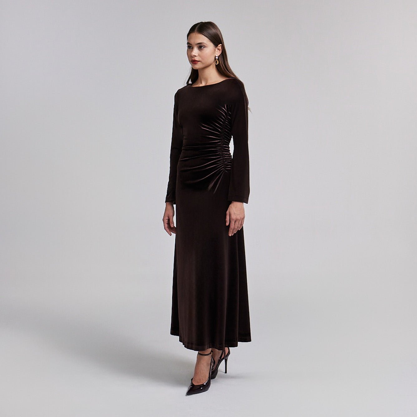 Ruched Velvet Long Sleeve Midi Dress - shopaleena