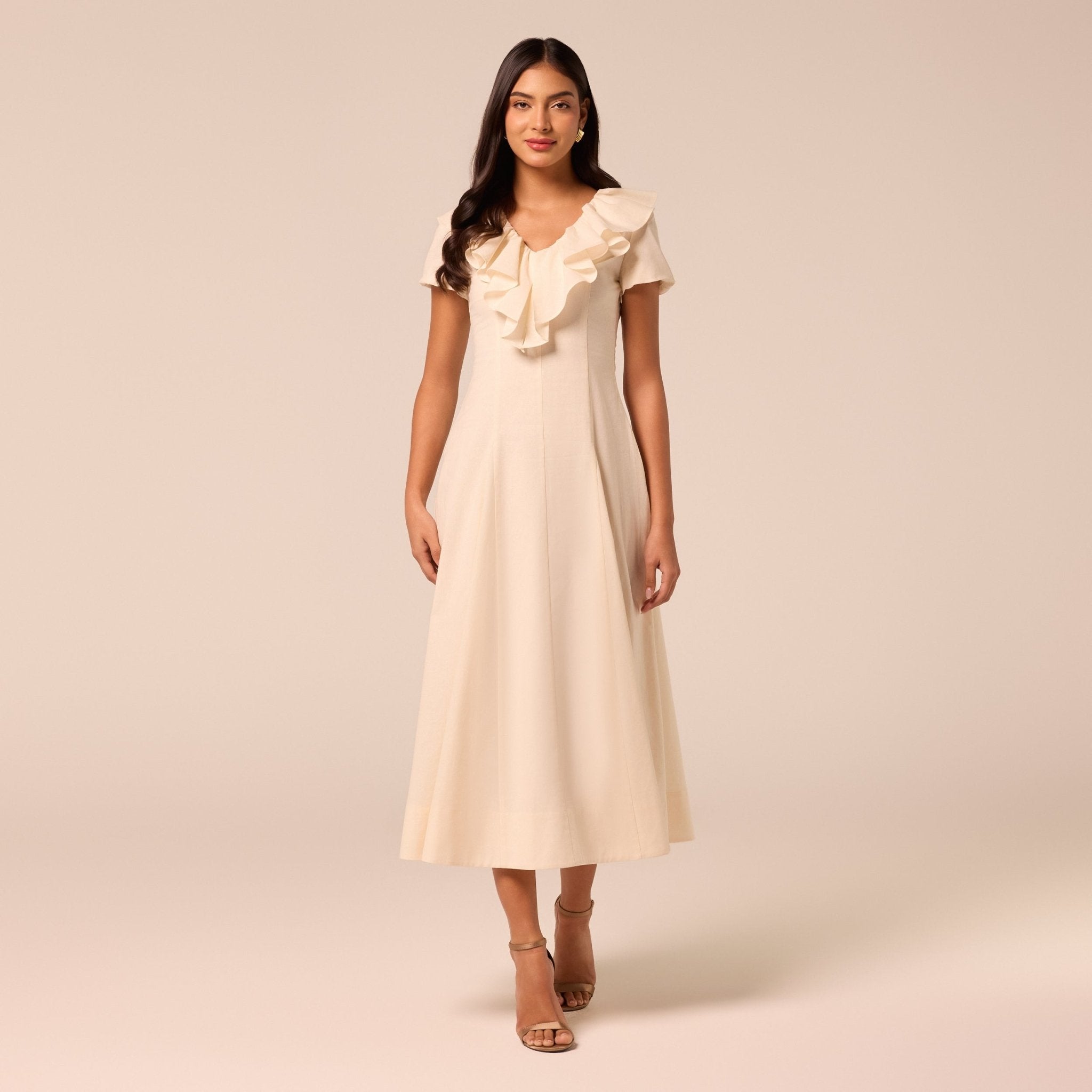 Ruffle Collar Short Sleeve Linen Dress - shopaleena
