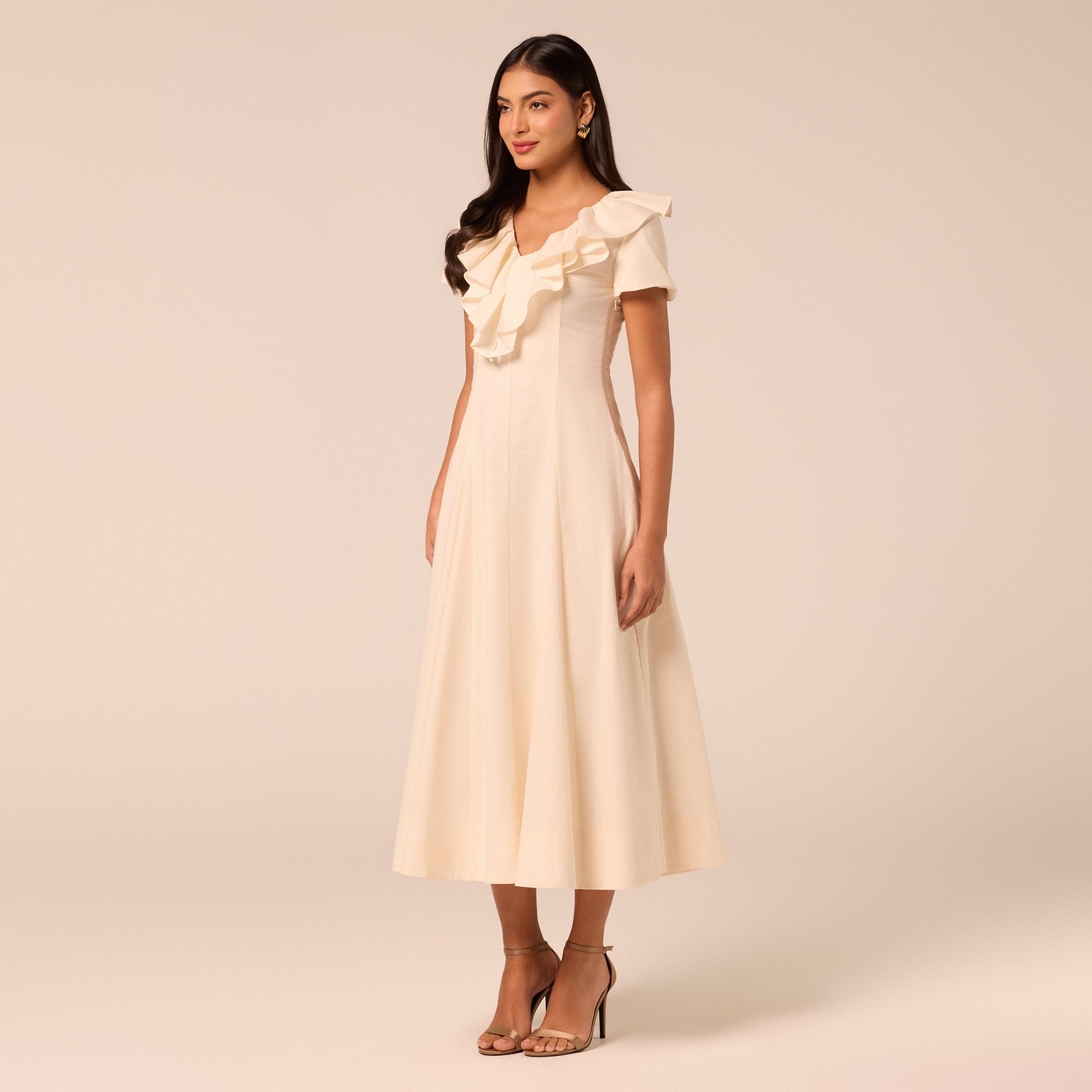 Ruffle Collar Short Sleeve Linen Dress - shopaleena