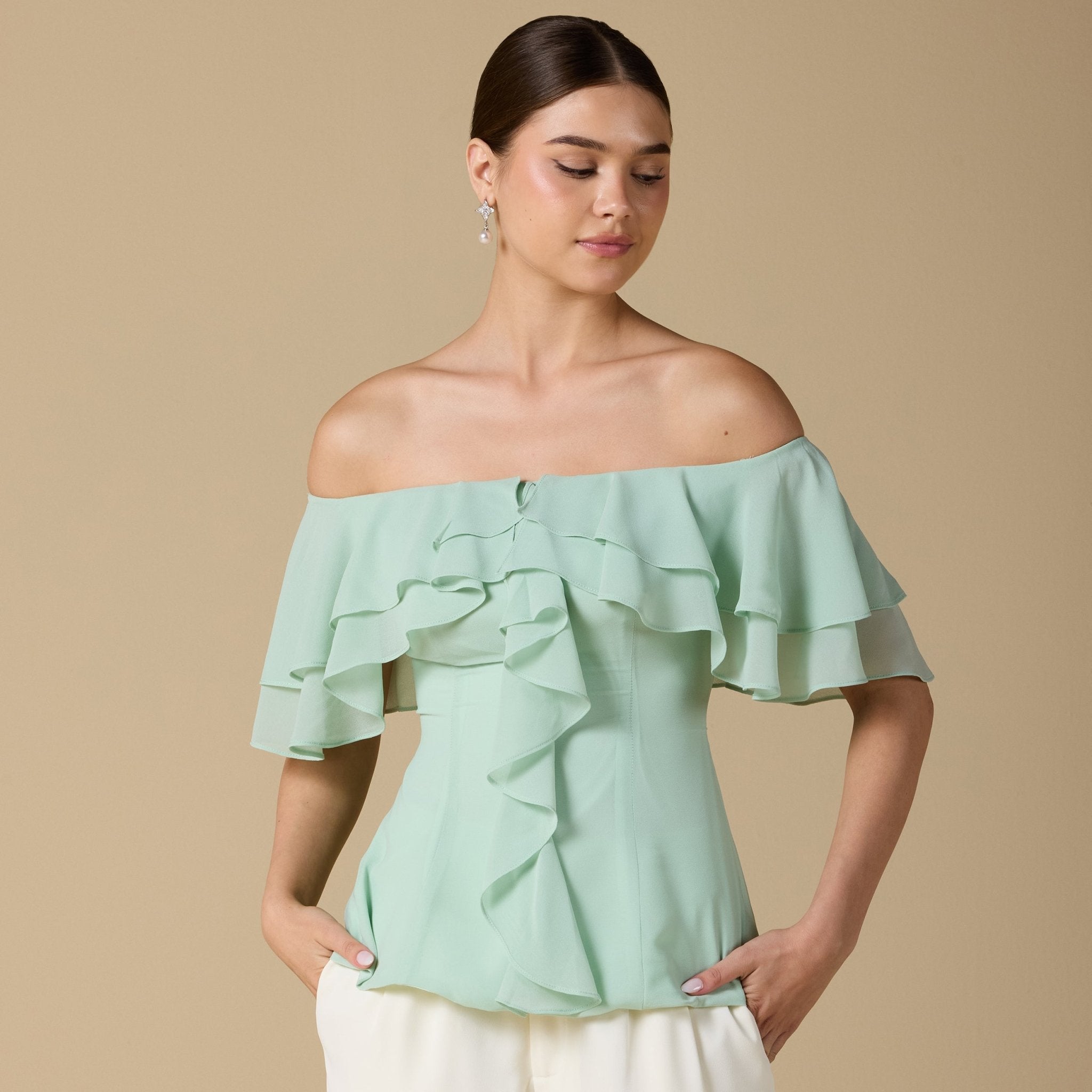 Ruffled Off - shoulder Chiffon Top - shopaleena