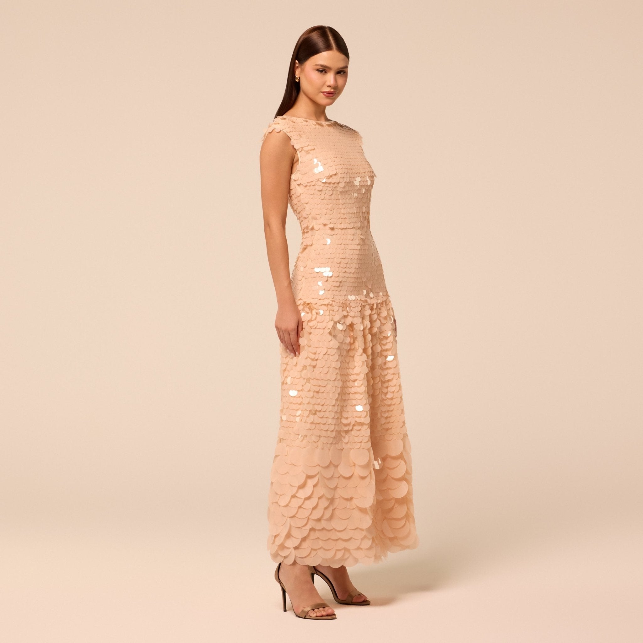 Salmon Pink Embellished Boat Neck Sequin Maxi Dress - shopaleena
