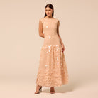 Salmon Pink Embellished Boat Neck Sequin Maxi Dress - shopaleena