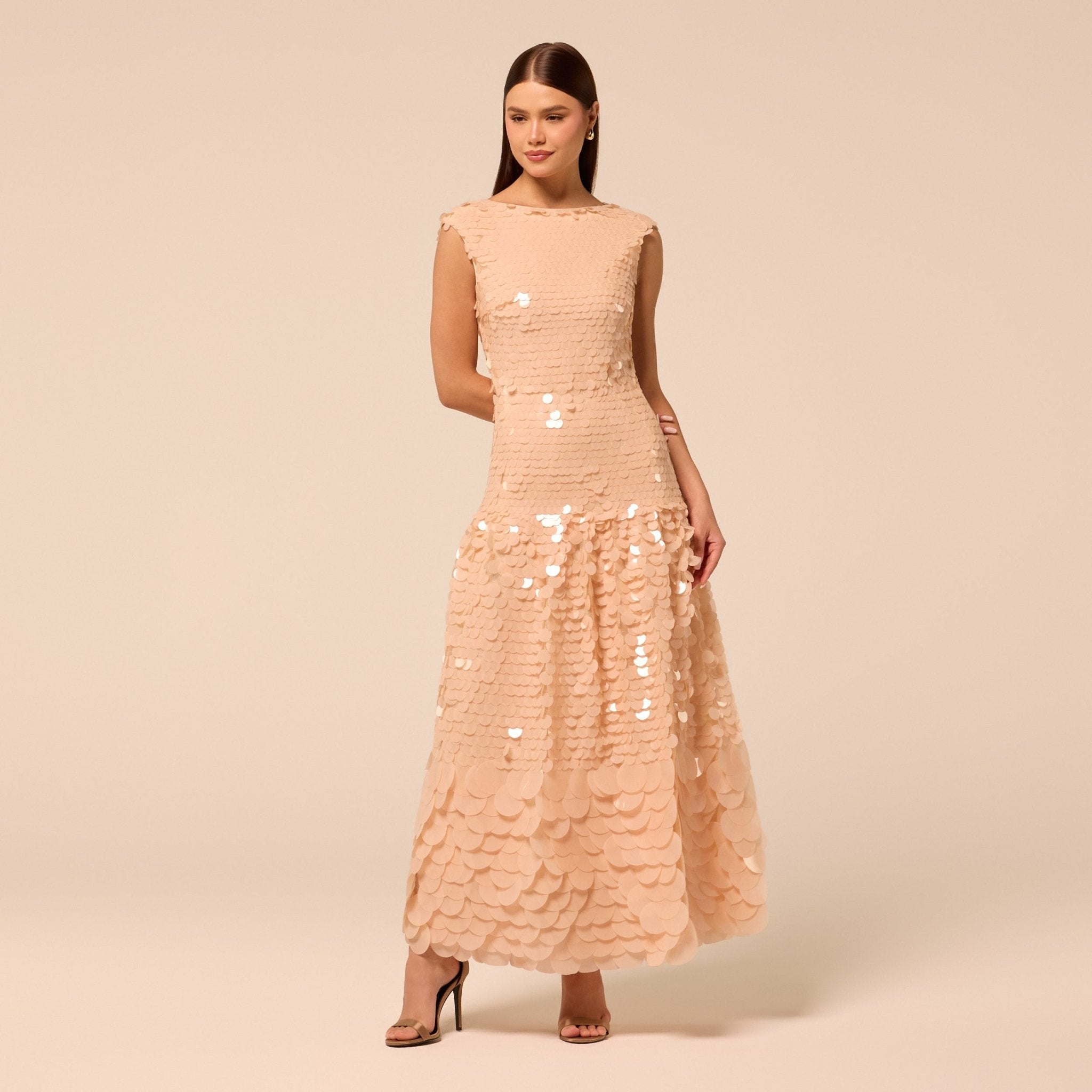 Salmon Pink Embellished Boat Neck Sequin Maxi Dress - shopaleena
