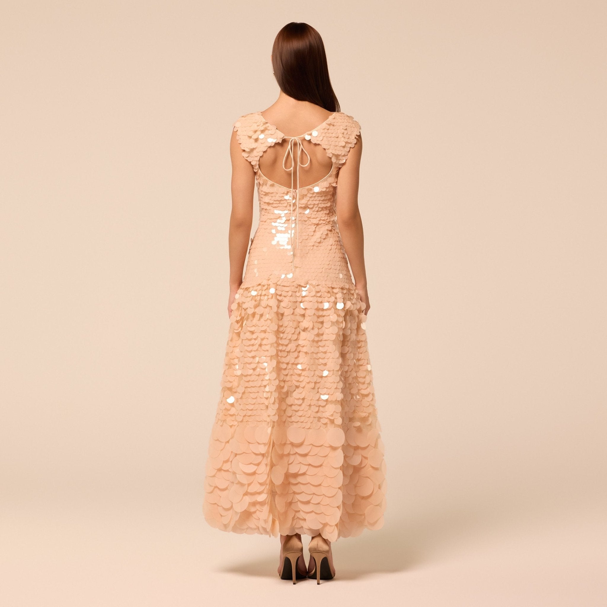 Salmon Pink Embellished Boat Neck Sequin Maxi Dress - shopaleena