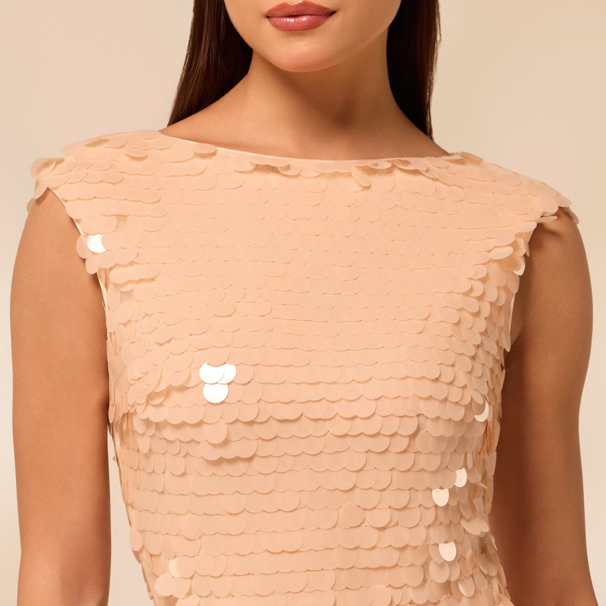 Salmon Pink Embellished Boat Neck Sequin Maxi Dress - shopaleena