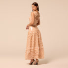 Salmon Pink Embellished Boat Neck Sequin Maxi Dress - shopaleena
